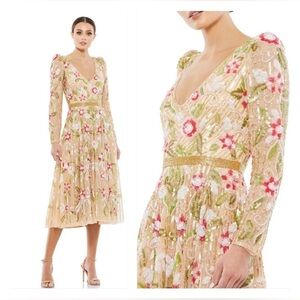 NWT Mac Duggal 5415 Gold Floral Beadwork Long Sleeve Midi Dress Size 28